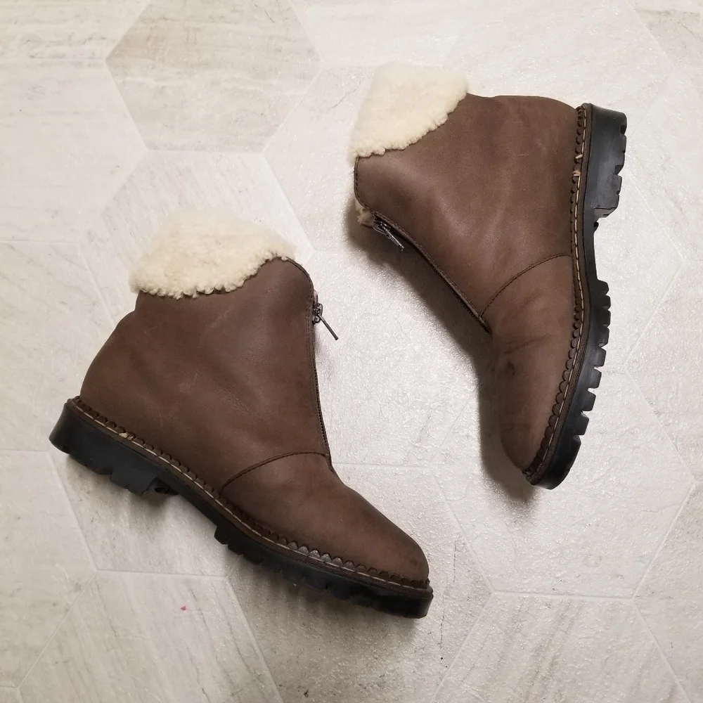 Blondo Waterproof Brown Leather Chunky Heel White Sherpa Cuff Zip Ankle Boots 7‎